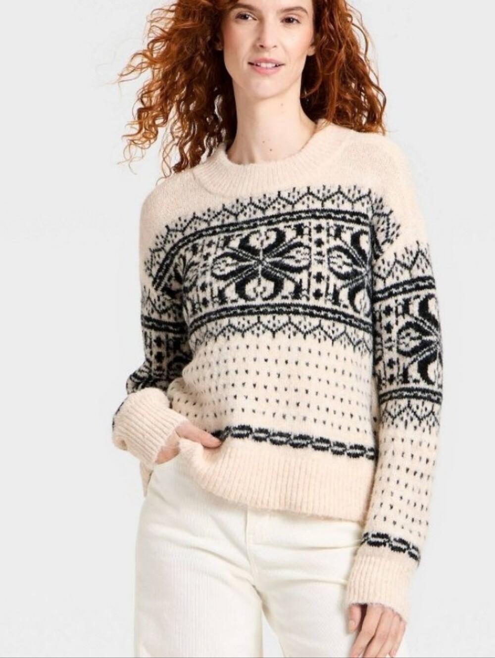Cozy Alpine Winter Snowflake Wool Blend Crewneck Sweater Small